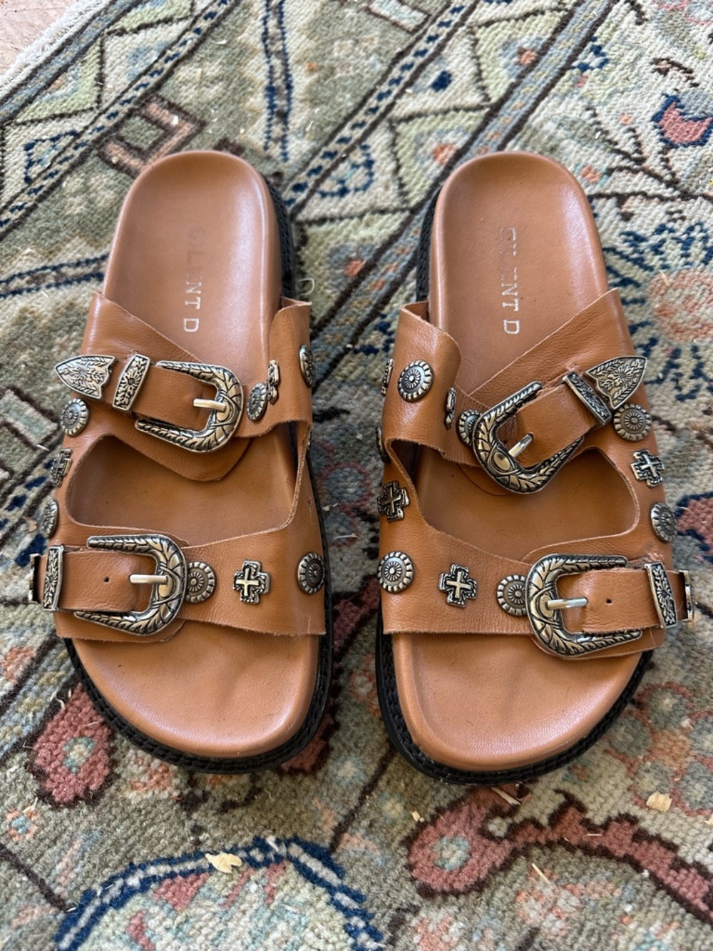 gentle souls Brown Leather Double Buckle Slide Sandals with Concho Hardware